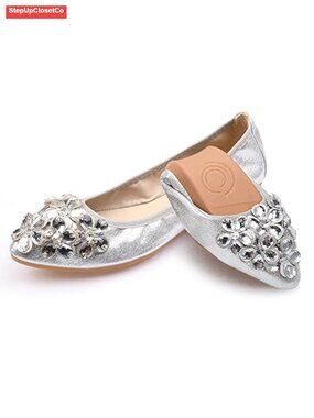 Women's Ballet Flats Slip On Foldable Rhinestone Wedding Ballerina Flat Shoes